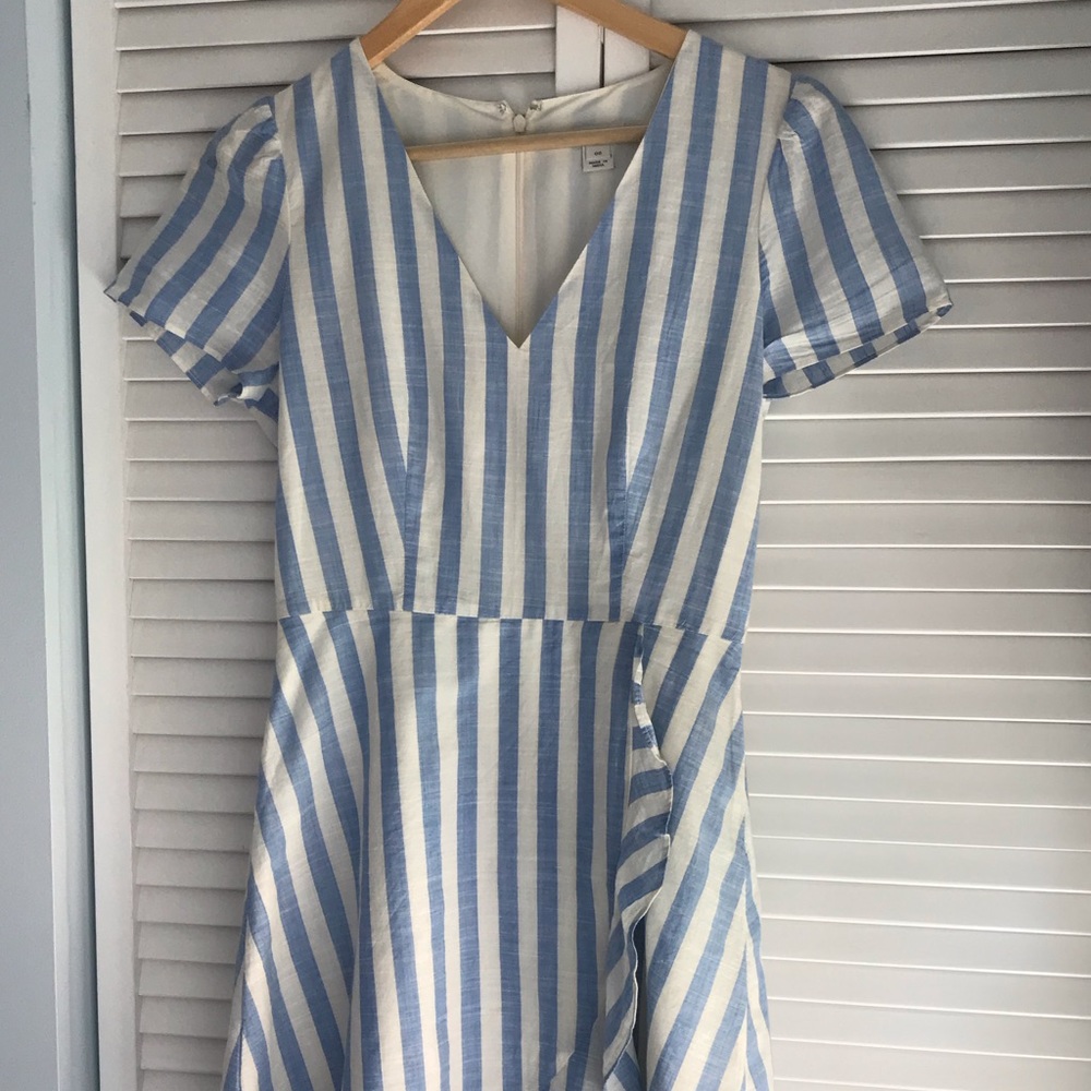 J. Crew Factory Blue and White Striped V-Neck Dress